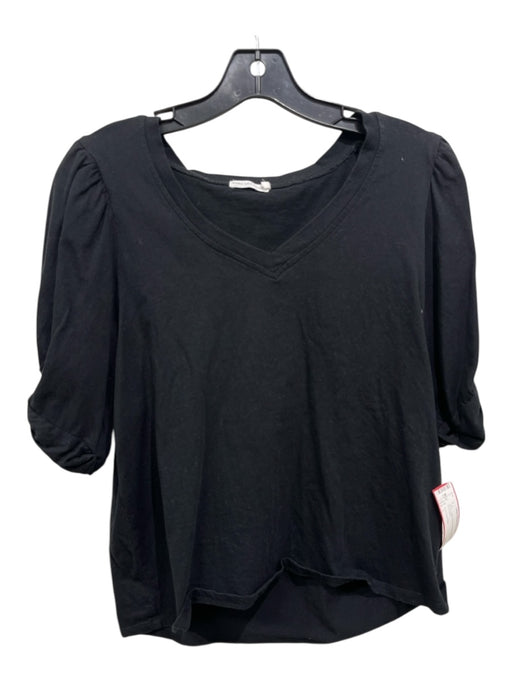 Avec Les Filles Size L Black Cotton Short Puff Sleeve V Neck Top Black / L