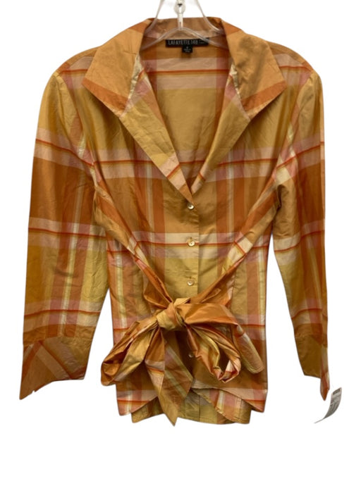 Lafayette 148 Size 8 Orange & Yellow Silk Checkered Long Sleeve Button Up Top Orange & Yellow / 8
