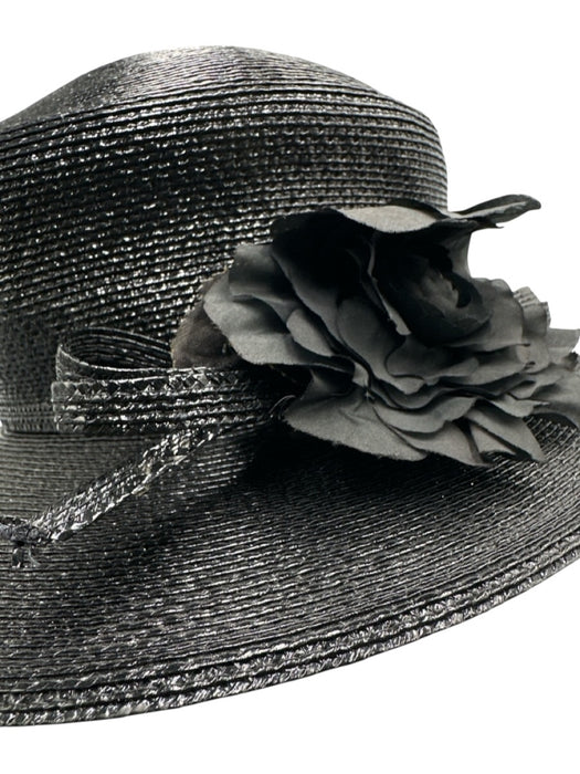Frank Olive Black Straw Bow detail Shine Coated Floral Applique Hat Black