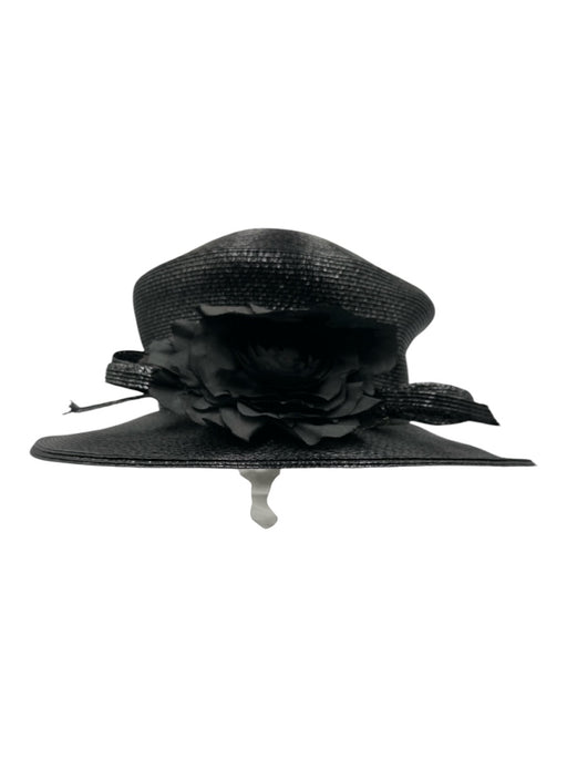 Frank Olive Black Straw Bow detail Shine Coated Floral Applique Hat Black
