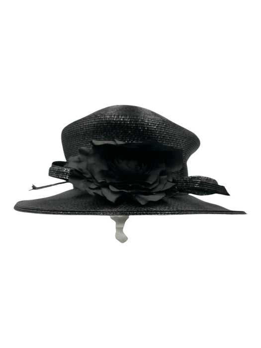Frank Olive Black Straw Bow detail Shine Coated Floral Applique Hat Black