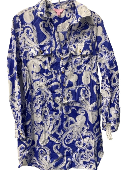 Lily Pulitzer Size Small Blue & White Cotton Long Sleeve Octopus Coverup Blue & White / Small