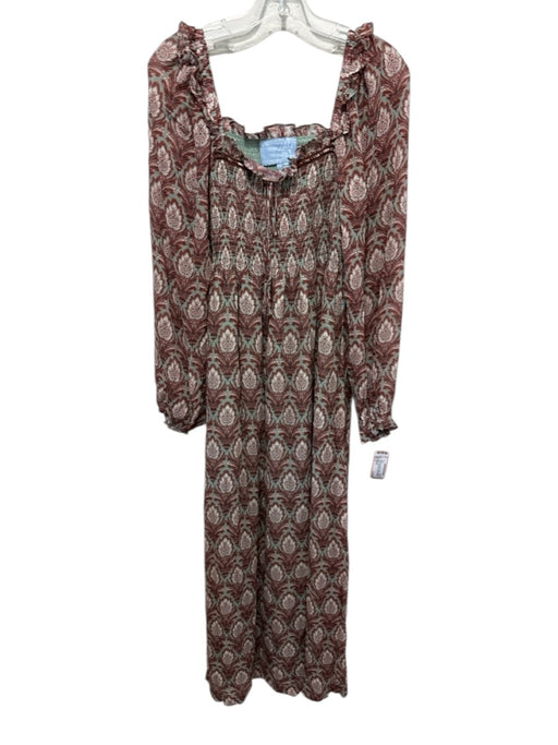 Hill House Size S Mint Green & Brown Viscose Long puff sleeve Midi Dress Mint Green & Brown / S
