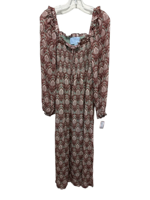 Hill House Size S Mint Green & Brown Viscose Long puff sleeve Midi Dress Mint Green & Brown / S