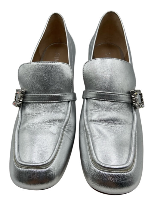 Stuart Weitzman Shoe Size 9 Silver Leather Metallic Buckle Detail Loafers Silver / 9