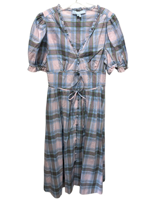 Hill House Size Medium Blue, Pink, Green Cotton Short Puff Sleeve Plaid Dress Blue, Pink, Green / Medium