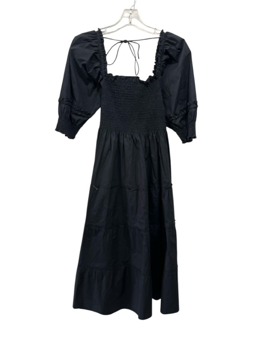 Hill House Size Small Black Cotton Short Puff Sleeve smocked Tiered Midi Dress Black / Small