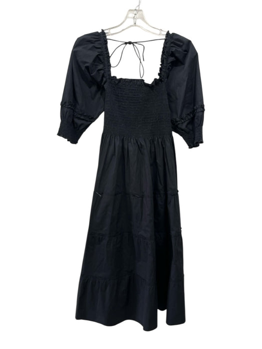 Hill House Size Small Black Cotton Short Puff Sleeve smocked Tiered Midi Dress Black / Small