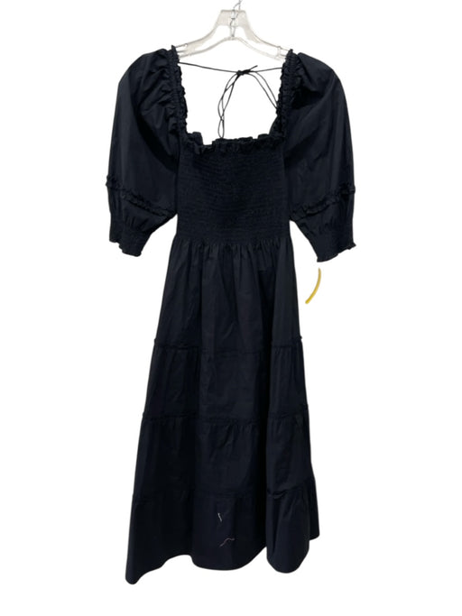 Hill House Size Small Black Cotton Short Puff Sleeve smocked Tiered Midi Dress Black / Small