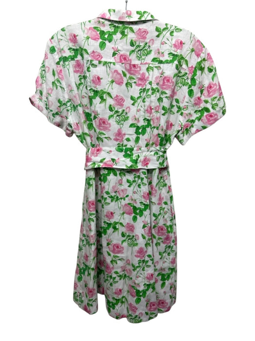 Hill House Size Medium White, Pink, Green Linen Short Sleeve Floral Collar Dress White, Pink, Green / Medium