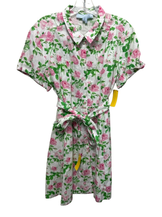 Hill House Size Medium White, Pink, Green Linen Short Sleeve Floral Collar Dress White, Pink, Green / Medium