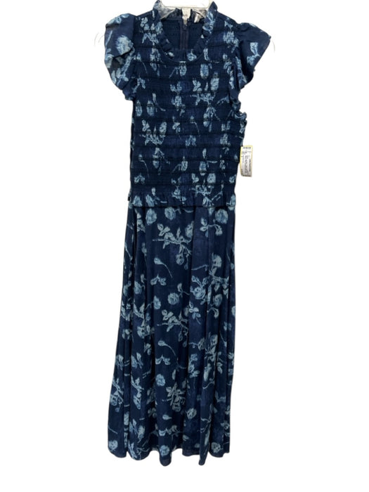 Sea New York Size 4 Blue & Light Blue Cotton Ruffle Cap Sleeve Floral Midi Dress Blue & Light Blue / 4