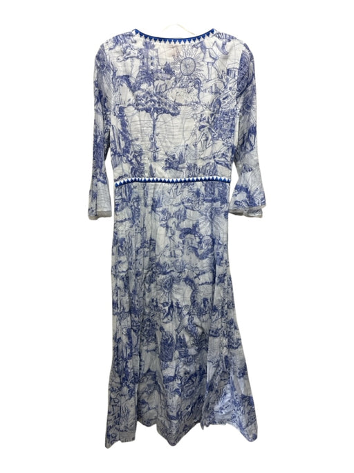 Le Sirenuse Size 42 Blue & White Cotton Long Bell Sleeve Drawing Pintucks Dress Blue & White / 42