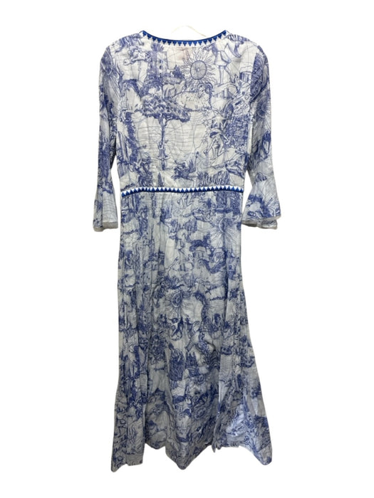Le Sirenuse Size 42 Blue & White Cotton Long Bell Sleeve Drawing Pintucks Dress Blue & White / 42