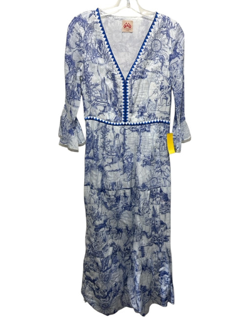 Le Sirenuse Size 42 Blue & White Cotton Long Bell Sleeve Drawing Pintucks Dress Blue & White / 42
