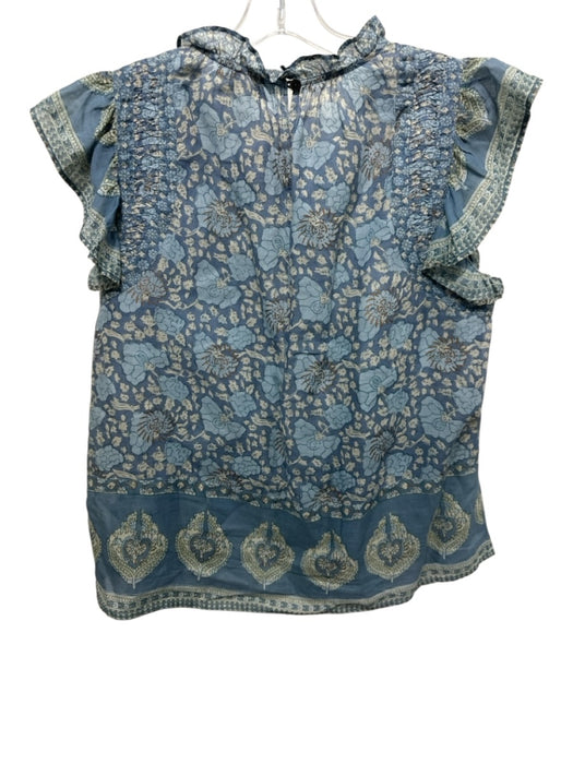 Sea New York Size Small Blue, Green, Brown Cotton Ruffle Cap Sleeve Floral Top Blue, Green, Brown / Small