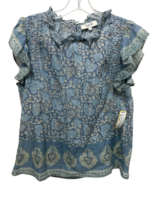 Sea New York Size Small Blue, Green, Brown Cotton Ruffle Cap Sleeve Floral Top Blue, Green, Brown / Small