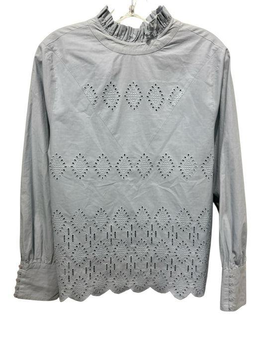LOA Size Medium Light Blue Cotton Long Sleeve Eyelet Ruffle Neck Top Light Blue / Medium