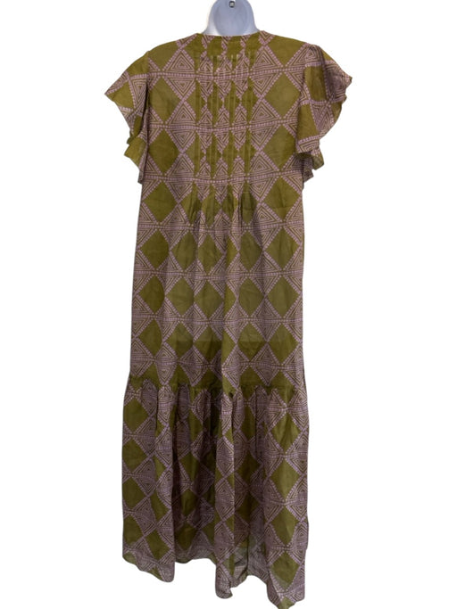 Cynthia Rowley Size S Olive Green & Purple Ramie Ruffle Cap Sleeve Dress Olive Green & Purple / S