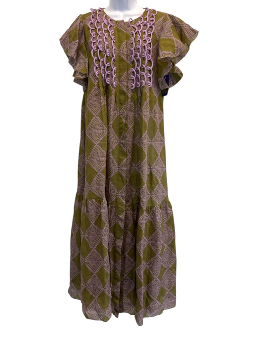 Cynthia Rowley Size S Olive Green & Purple Ramie Ruffle Cap Sleeve Dress Olive Green & Purple / S