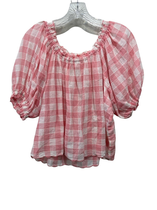 The Great Size 2 Pink & White Linen Blend Puff Sleeves Gingham Semi Sheer Top Pink & White / 2