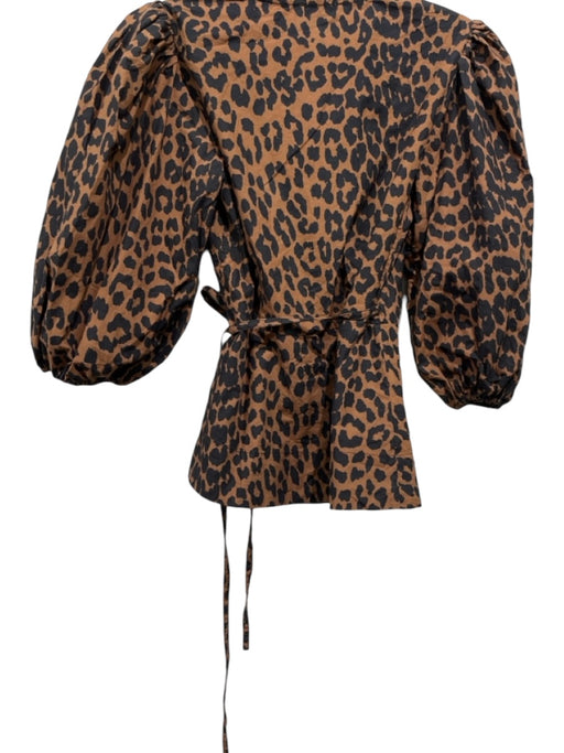 Ganni Size 34 Brown Black Cotton Cheetah Wrap 1/2 Puff Sleeve Top Brown Black / 34
