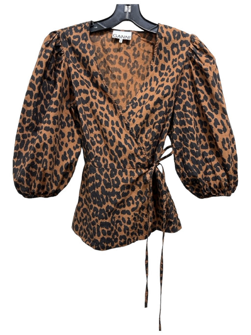 Ganni Size 34 Brown Black Cotton Cheetah Wrap 1/2 Puff Sleeve Top Brown Black / 34