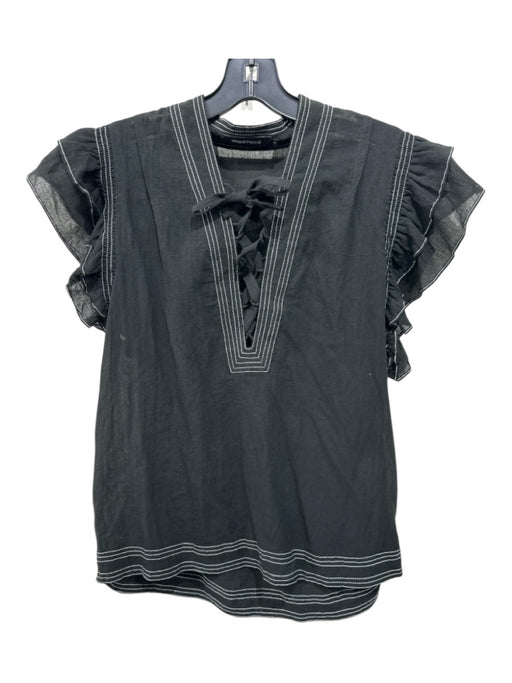 Magali Pascal Size S Black Contrast Stitching Tiered Cap Sleeve Tie V Neck Top Black / S