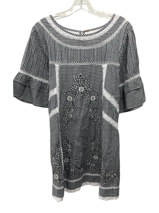 Free People Size S Black & White Polyester Lace Trim Gingham Short Sleeve Dress Black & White / S