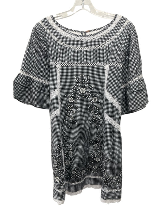 Free People Size S Black & White Polyester Lace Trim Gingham Short Sleeve Dress Black & White / S
