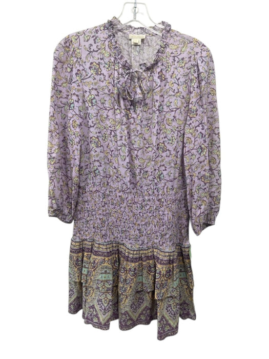 Shoshanna Size 4 Purple, Yellow, Green Irish Linen Smocked Waist Band Mini Dress Purple, Yellow, Green / 4