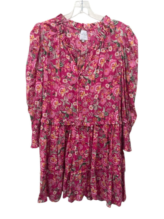 Misa Size XS Pink, Green, Orange Rayon Blend Floral Balloon Sleeve Mini Dress Pink, Green, Orange / XS