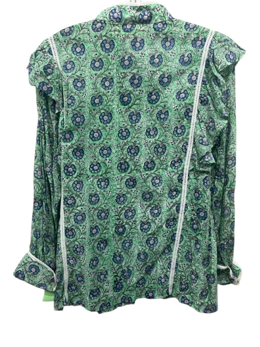 SLV Size M Green, Blue, White Cotton Lace Trim Floral Long Sleeve Top Green, Blue, White / M