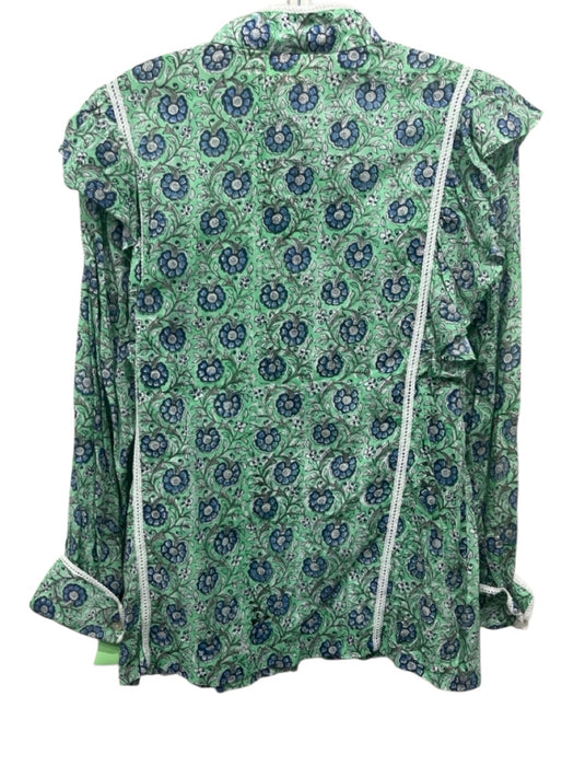 SLV Size M Green, Blue, White Cotton Lace Trim Floral Long Sleeve Top Green, Blue, White / M