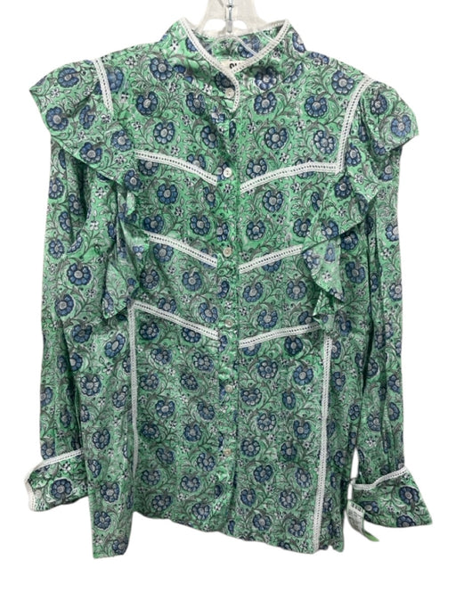 SLV Size M Green, Blue, White Cotton Lace Trim Floral Long Sleeve Top Green, Blue, White / M