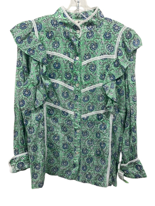 SLV Size M Green, Blue, White Cotton Lace Trim Floral Long Sleeve Top Green, Blue, White / M
