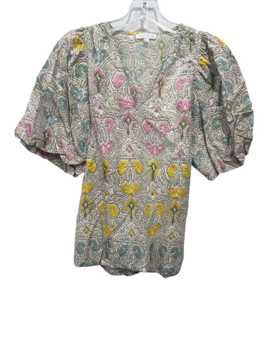 Anna Cate Size XS Green, Yellow, Pink Cotton block print floral V Neck Top Green, Yellow, Pink / XS