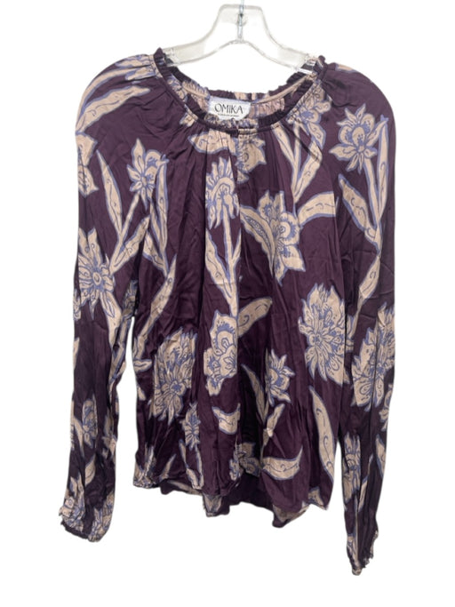 Omika Size S purple, beige, blue Modal Floral keyhole front Long Sleeve Top purple, beige, blue / S