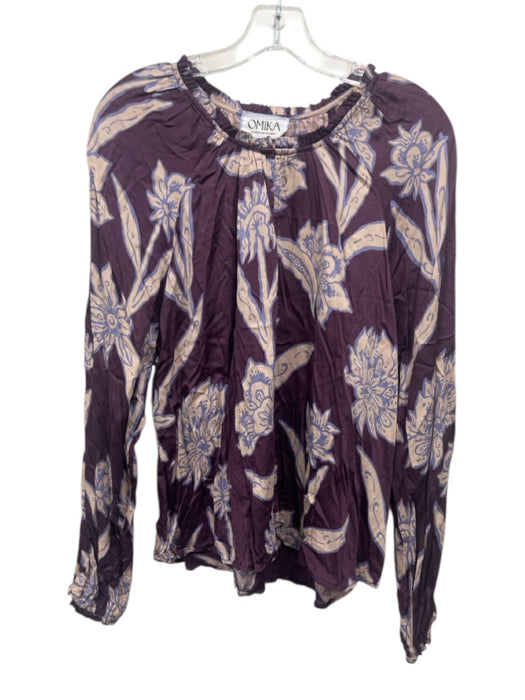 Omika Size S purple, beige, blue Modal Floral keyhole front Long Sleeve Top purple, beige, blue / S