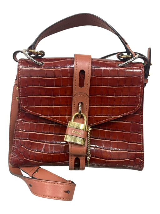 Chloe Chestnut Brown Leather Croc Embossed Top Flap Crossbody Strap Satchel Bag Chestnut Brown / Medium