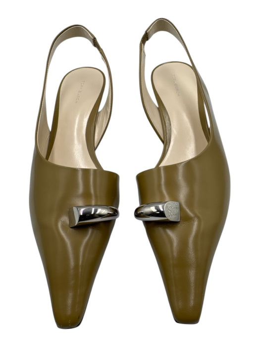 Tory Burch Shoe Size 10 Green Beige Leather Pointed Square Toe Slingback Pumps Green Beige / 10