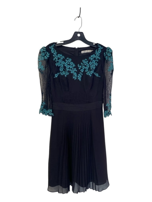 Karen Millen Size 6 Black & Teal Silk Boat Neck 3/4 Sleeve Lace Detail Dress Black & Teal / 6