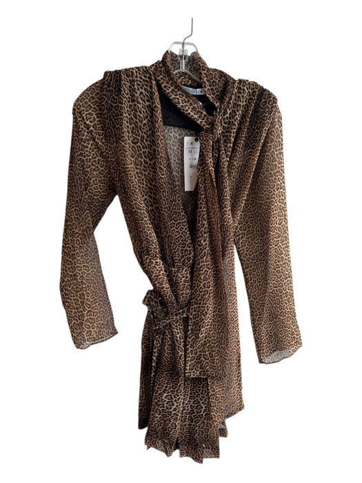 Zara Size Medium Brown Animal Print Long Lace Sleeves Belt Deep v neck Dress Brown / Medium