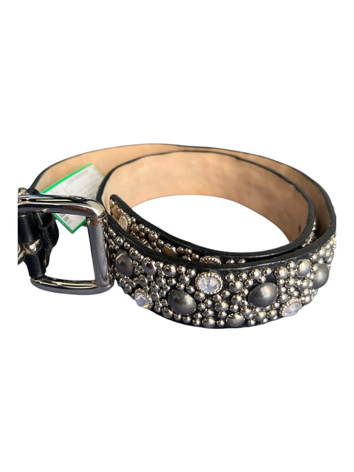 Neiman Marcus Black Leather Silver Studs Rhinestone Square Buckle Belts Black / Medium