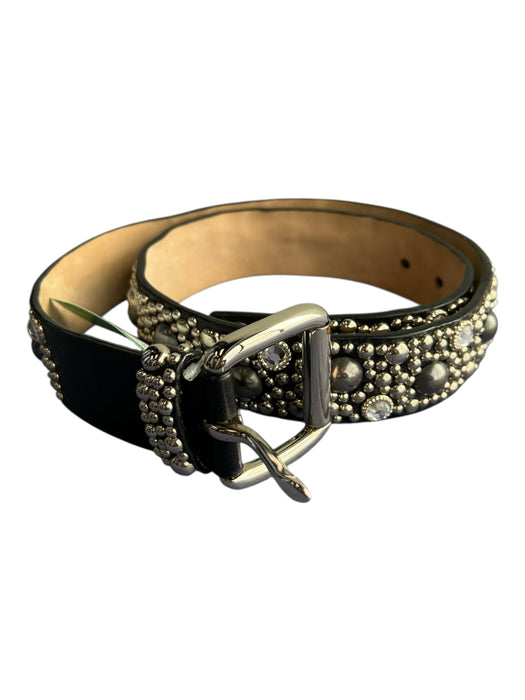 Neiman Marcus Black Leather Silver Studs Rhinestone Square Buckle Belts Black / Medium