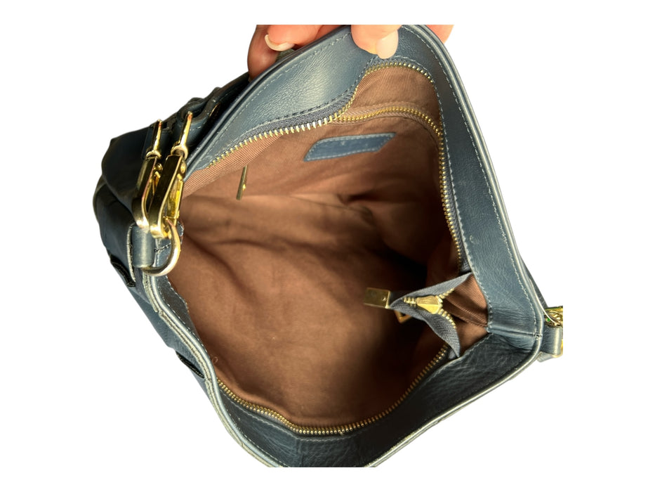 Anna Paola Dark Blue Leather Shoulder & Crossbody Weave Gold Hardware Bag Dark Blue / Medium