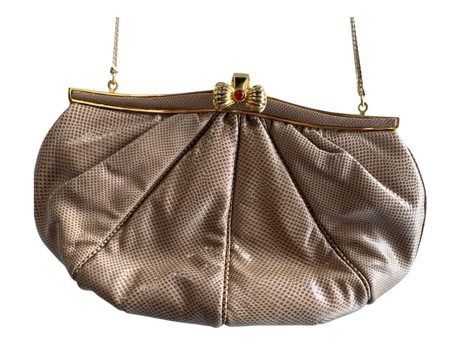 Judith Leiber Tan Reptile Gold hardware seam detail Top Closure Bag Tan / Small