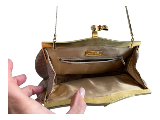 Judith Leiber Tan Reptile Gold hardware seam detail Top Closure Bag Tan / Small