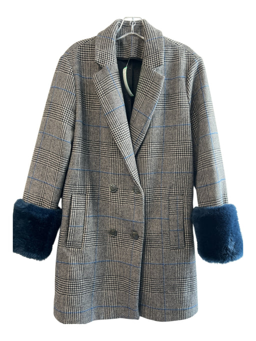 Zara Size Medium Gray & Blue Polyester Plaid Faux Fur Cuffs Double Breasted Coat Gray & Blue / Medium