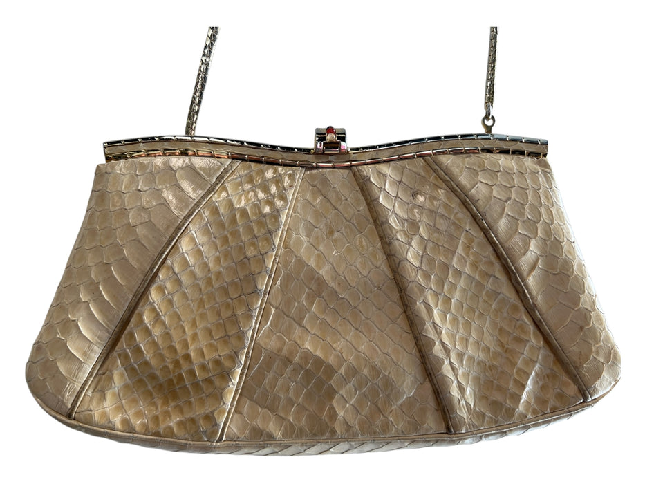 Judith Leiber Pale Yellow Snakeskin Gold hardware Chain Clutch Bag Pale Yellow / Small